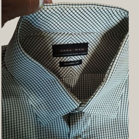 Zara Man Tailored Fit Checkered Long Sleeve Cotton Shirt Black/White Size 16 - Picture 3 of 10